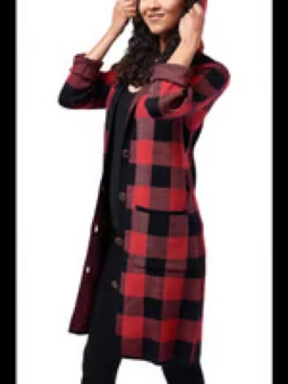 Belldini Red and Black Buffalo Plaid Hooded Long Cardigan Coat